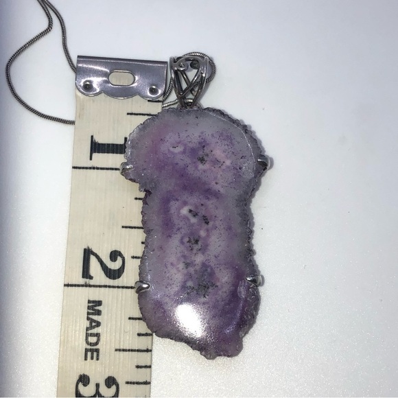 VTG Sterling Amethyst Druzy Slice Pendsnt w 925 Snake Chain 19” / 2.5” Pendant - Picture 6 of 11